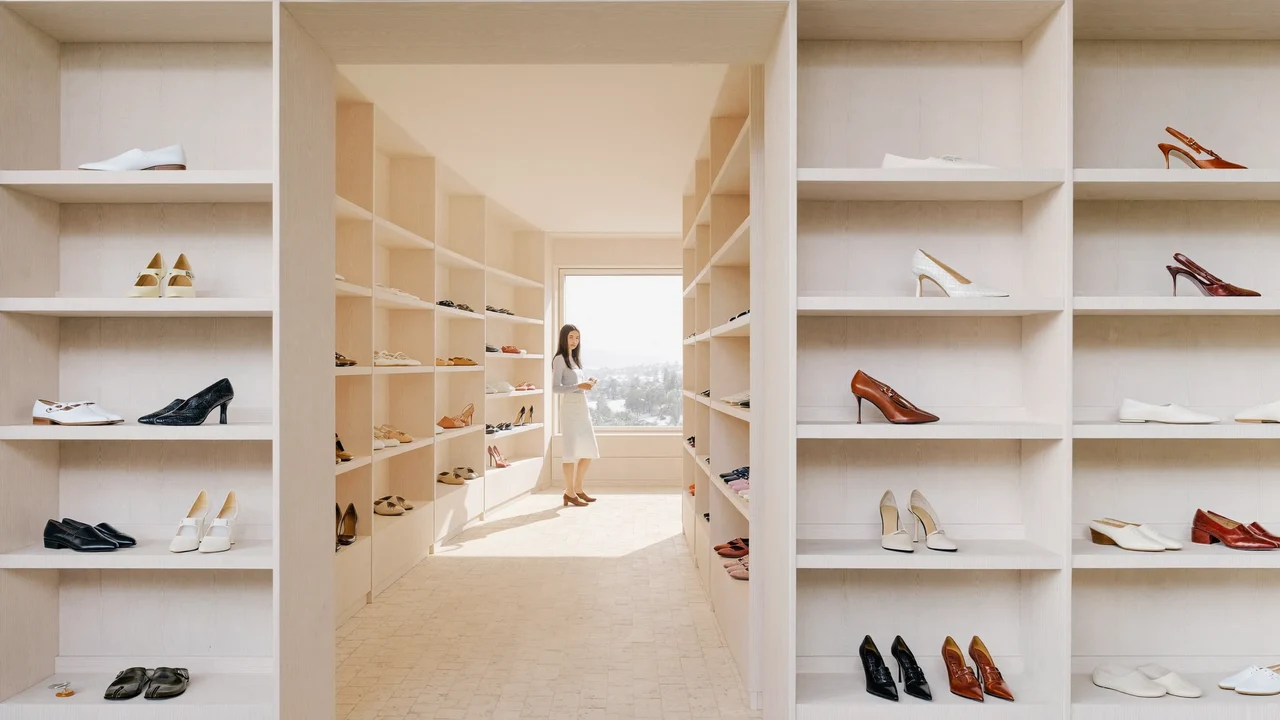 Intérieur lumineux d'une boutique de chaussures, présentoirs en bois clair, lumière méditerranéenne.