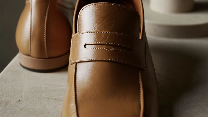 Paire de mocassins en cuir fauve posée sur une surface en pierre claire.