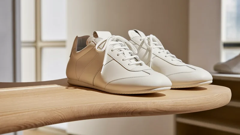 Paire de baskets blanches minimalistes sur une étagère en bois clair.